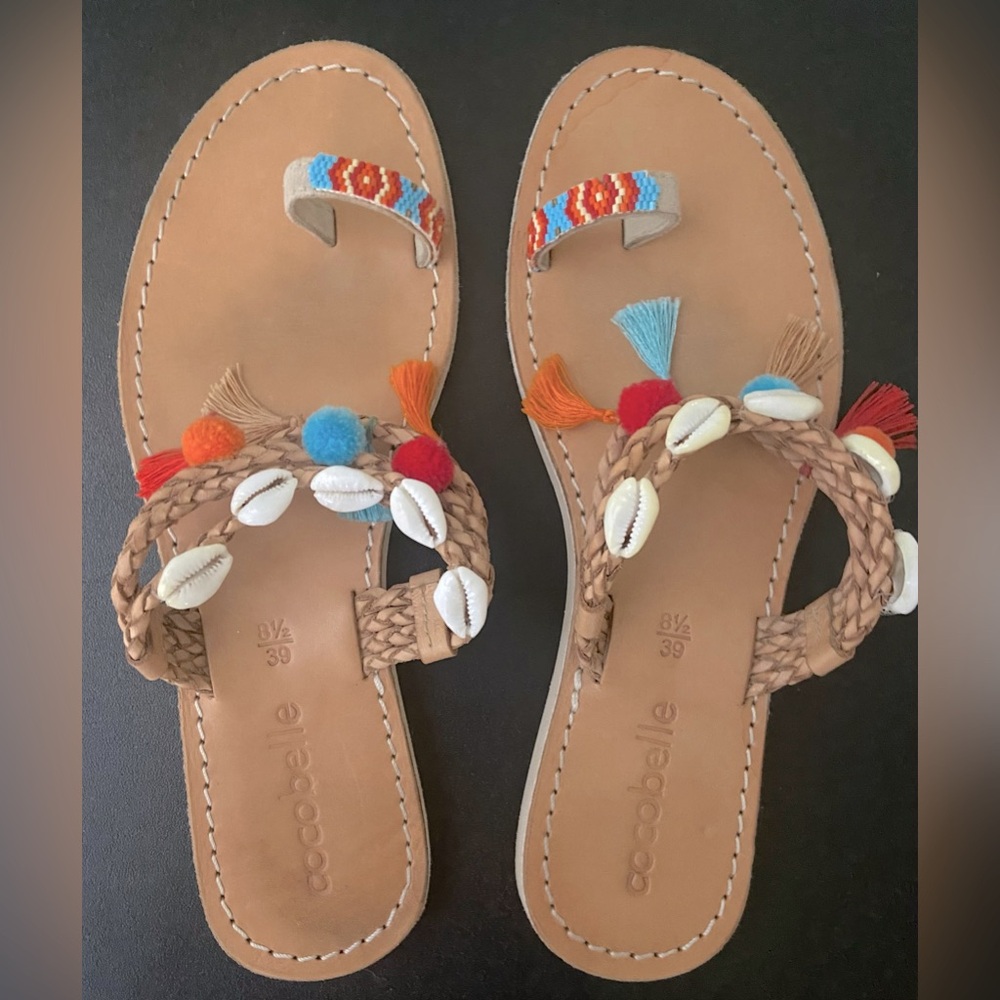 Boston Proper Cocobelle Sandals with Seashells, Pom Poms, Tassels and Beads